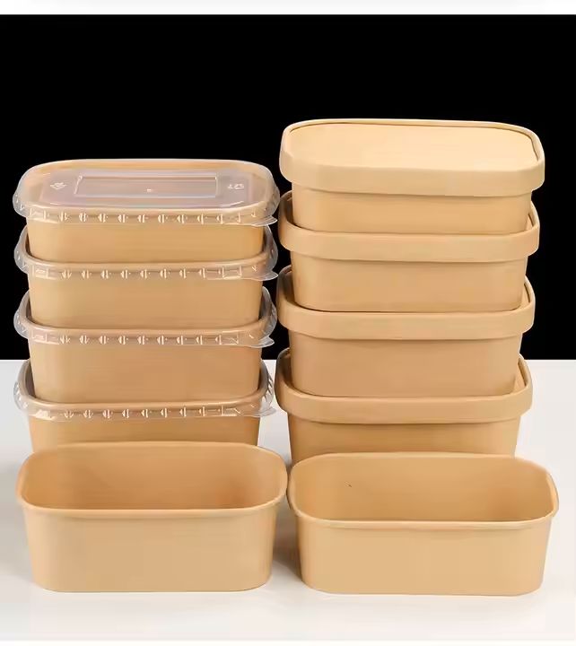 Single Wall Biodegradable Disposable Rectangular Kraft Paper Lunch Box Fast Food Salad Packing Lid E