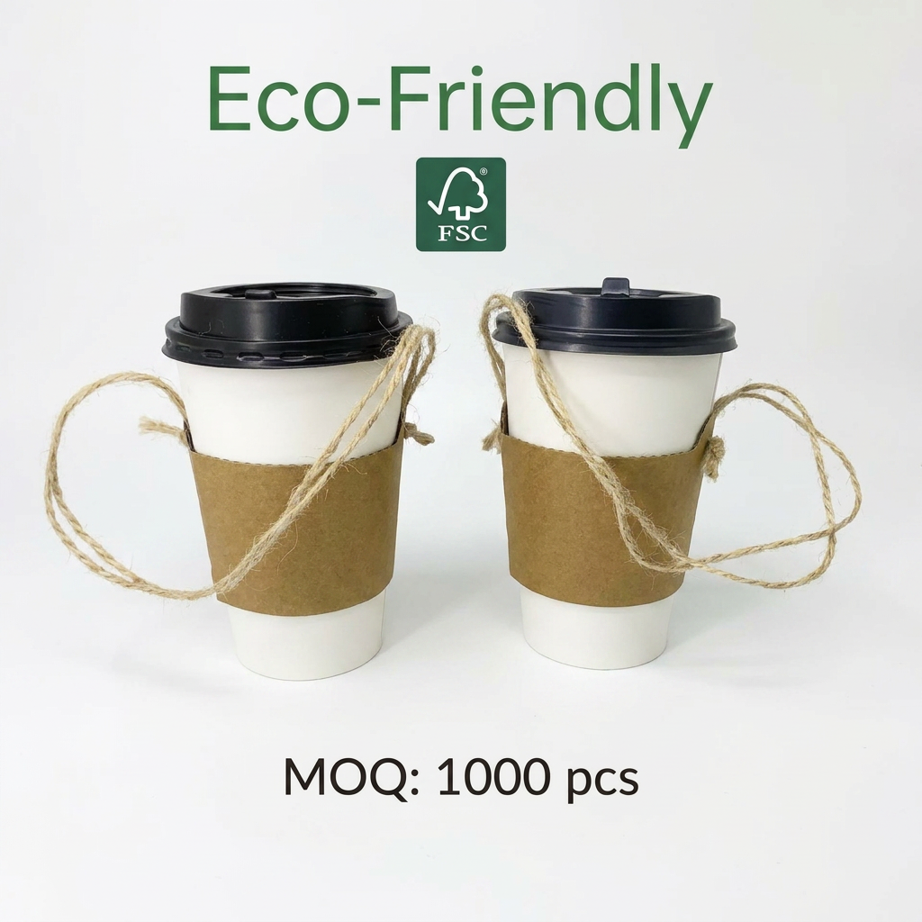 Disposable Kraft Paper Cup Carrier with Handle Eco-Friendly Takeaway Coffee Sleeve Holder Recyclable