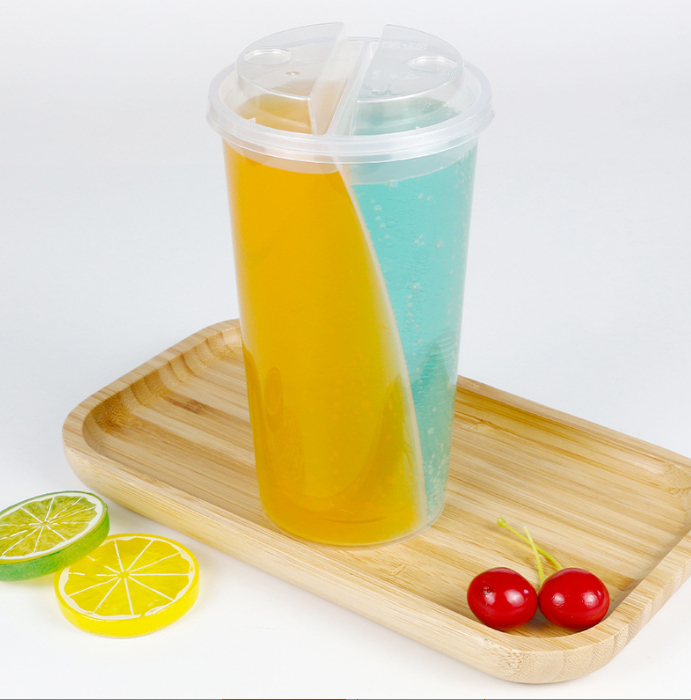 BPA Free 500ml 700ml 2 Compartment PP Split Cup Disposable Plastic Bubble Tea Cup Dual Use Juice Mil