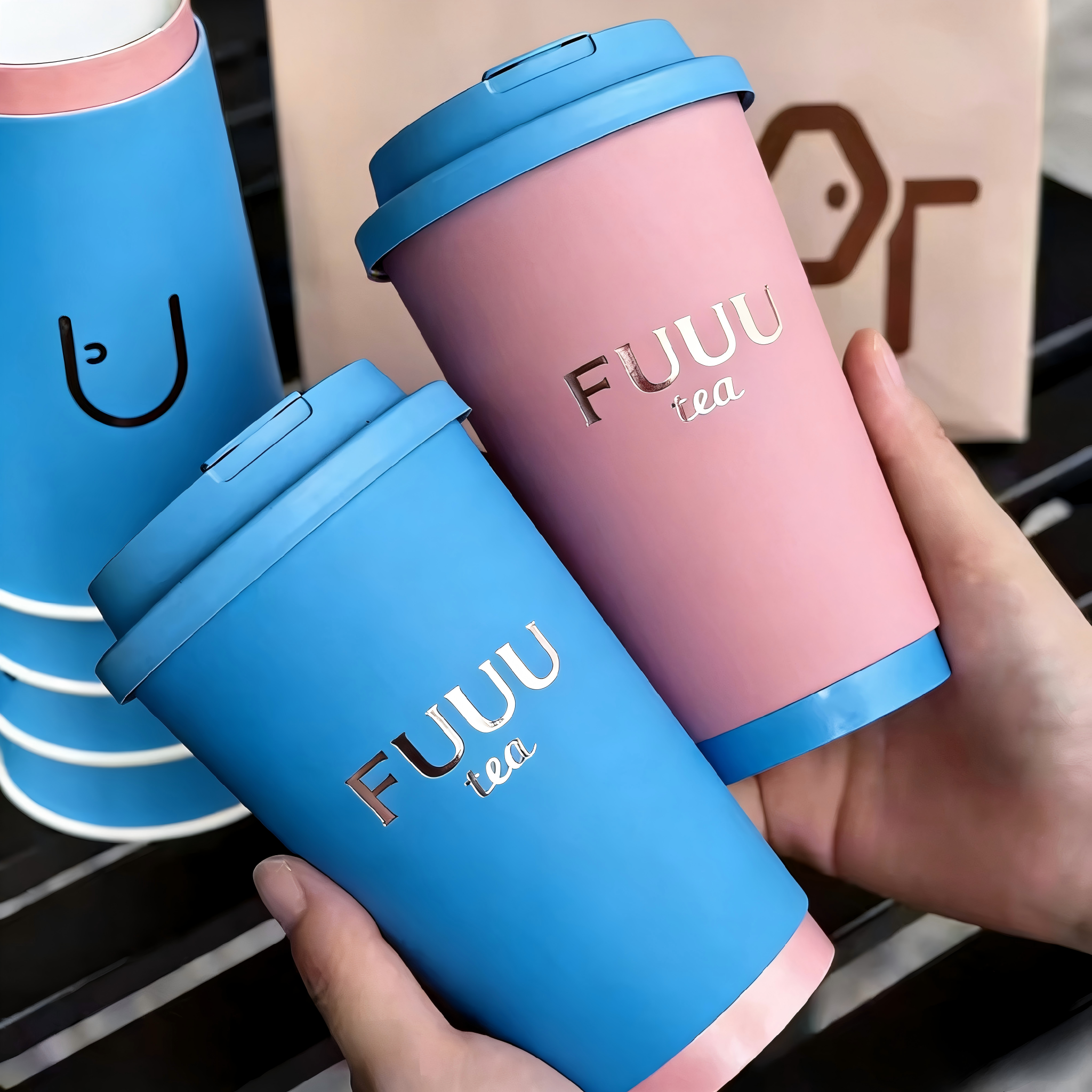 Custom Blue and Pink Paper Cups for Coffee Cafe PE Coated Hot Drink Wholesale Logo Printed Paper Cup