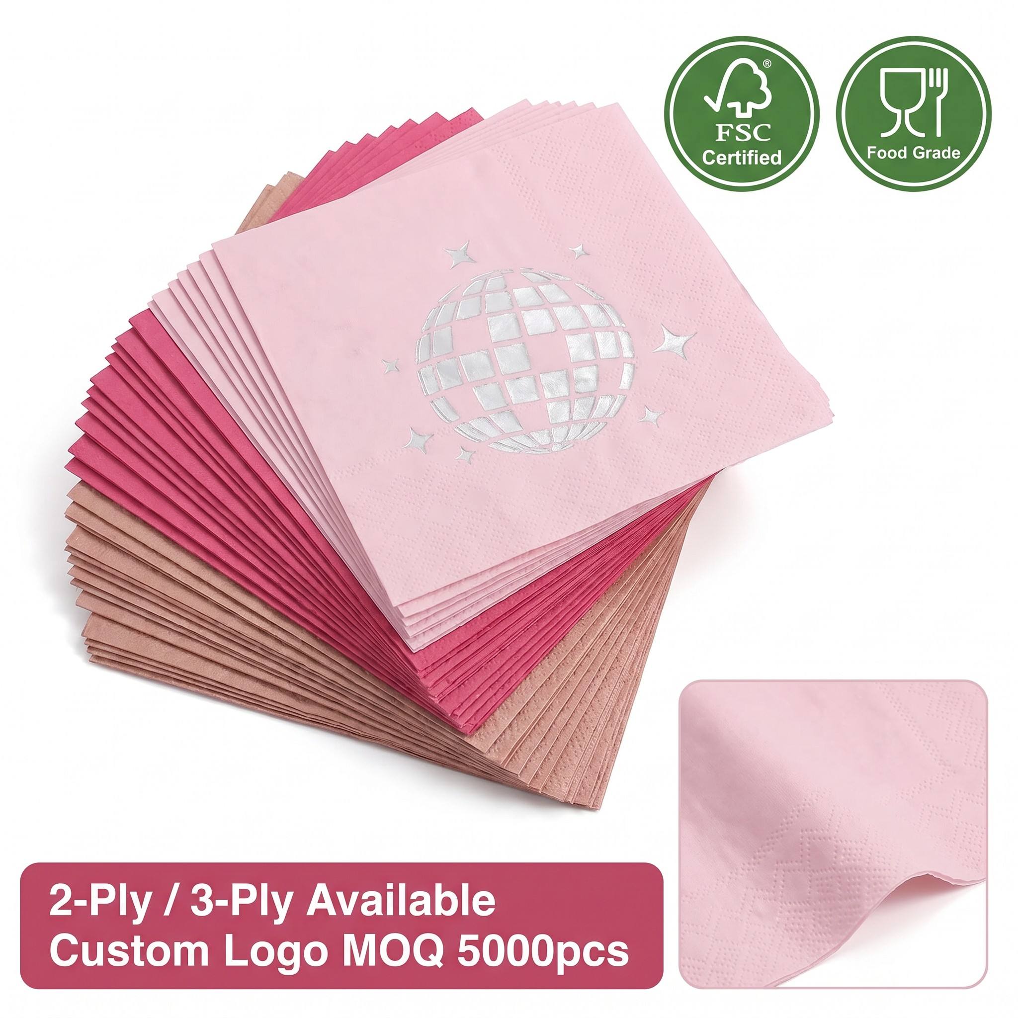 Wholesale Custom 2-Ply 3-Ply Pink Wedding Cocktail Paper Napkins Foil Stamping Printed Logo Eco-Frie