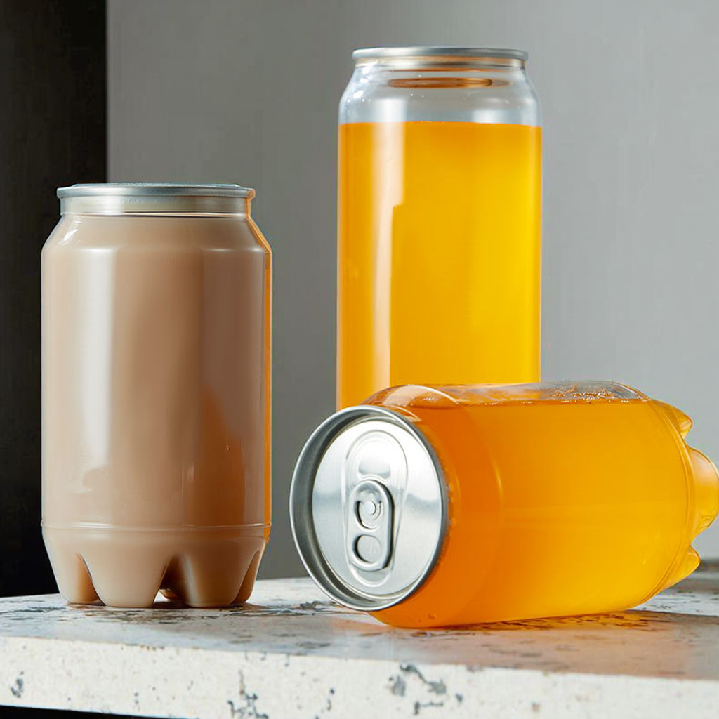 Wholesale Food Grade PET Beverage Cans Custom Logo Clear Plastic Soda Cans with Aluminum Easy Open L