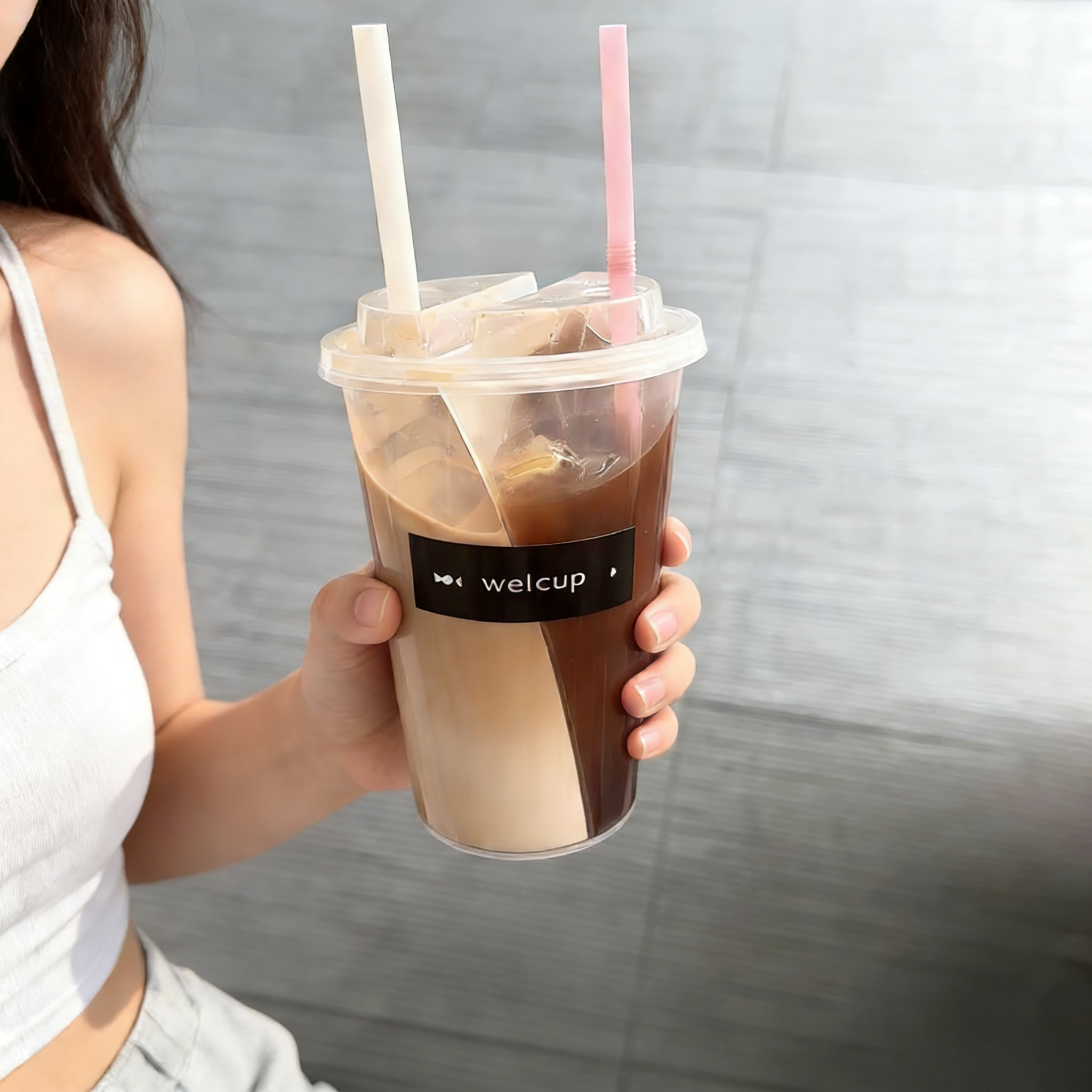 Food Grade PP S-Shaped Dual Flavor Sharing Cup 22oz Twin Split Cup Boba Bubble Tea Milk Tea Custom L