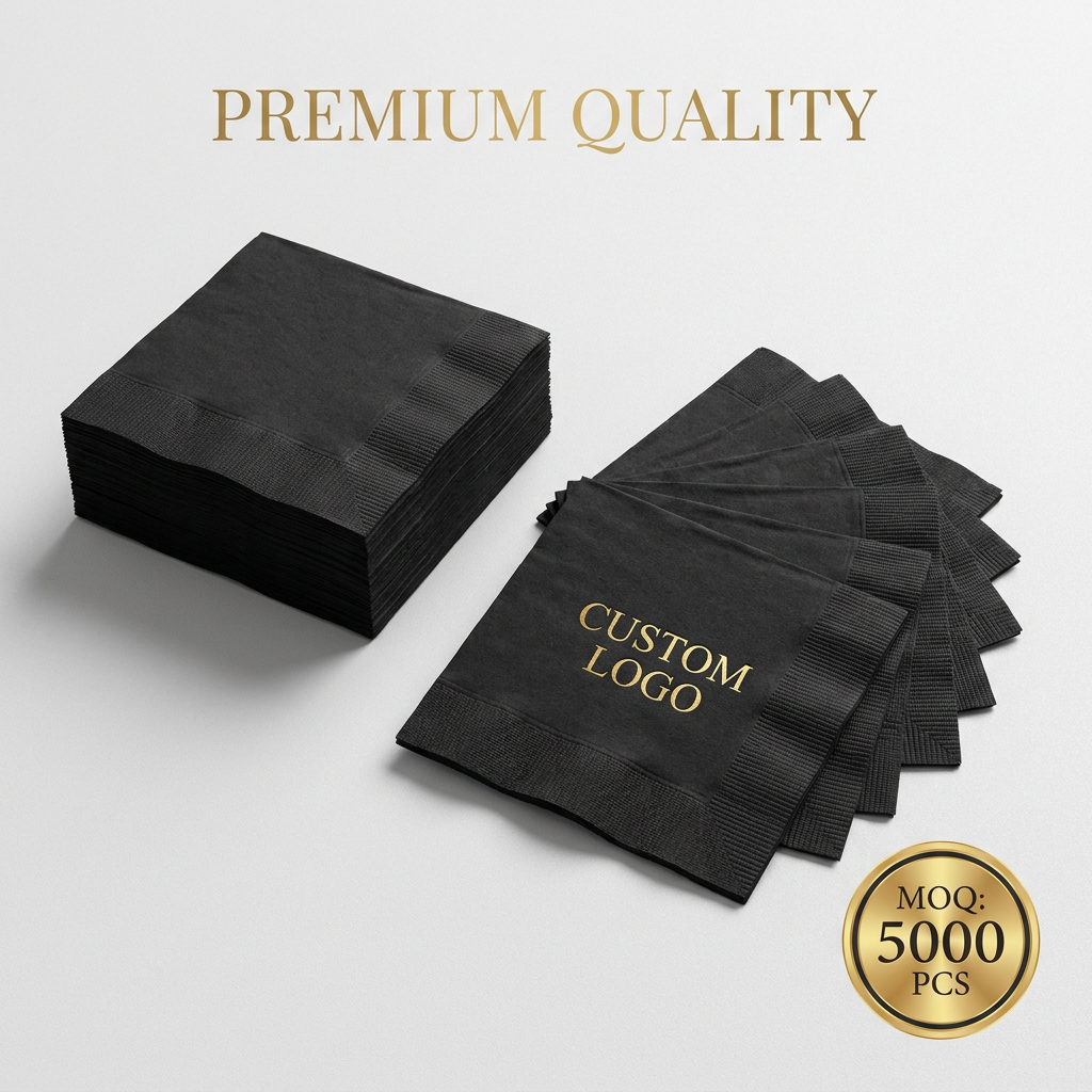 Luxury Custom Printed Black Paper Napkins 2 Ply 8 Fold Disposable Serviette Tissue for Wedding Party